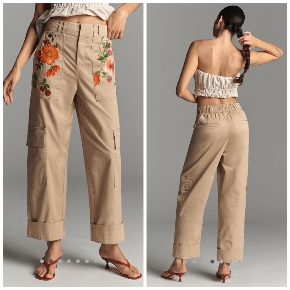 Anthropologie Embroidered Cargo Pants Floral Warm Wheat Beige XL